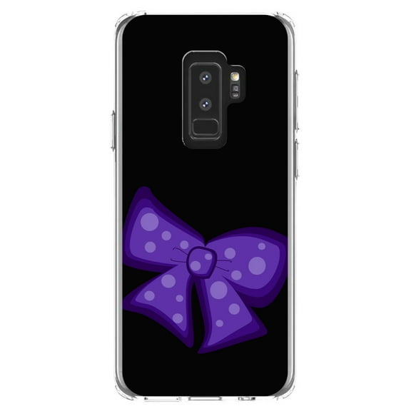 DistinctInk Clear Shockproof Hybrid Case for Samsung Galaxy S9  PLUS (6.2" Screen) - TPU Bumper, Acrylic Back, Tempered Glass Screen Protector - Purple Black Bow Ribbon - Cartoon Bows / Ribbons