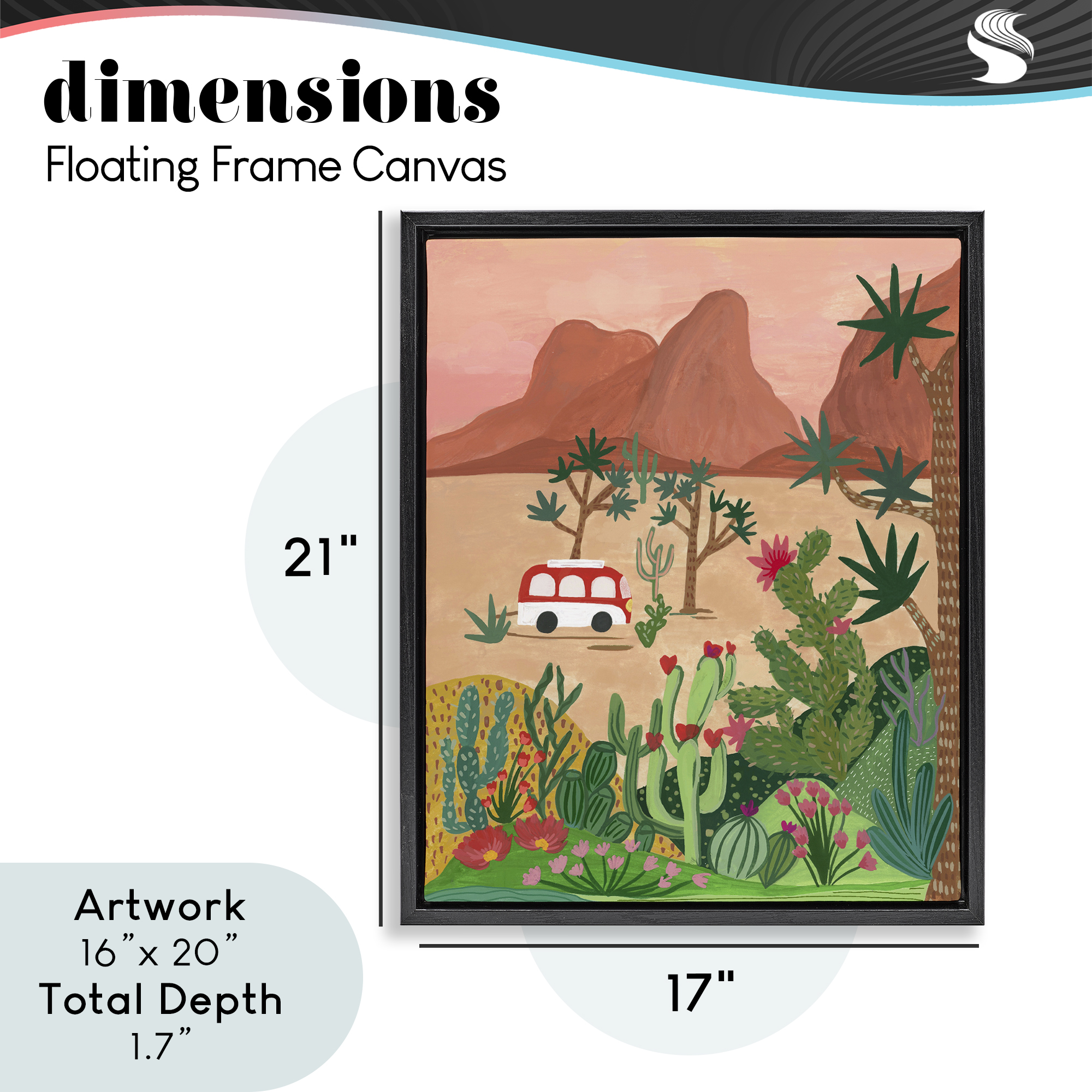 Desert Camper & Cacti Black Framed Floater Canvas Wall Art, design by Nabeela Rumi