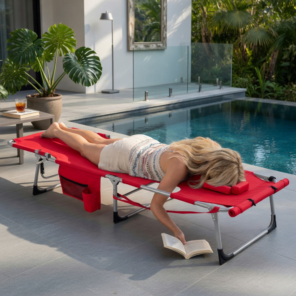 Hommoo Portable Folding Tanning Chair with Face Hole & Adjustable Backrest, UV-Resistant Oxford Fabric, Red