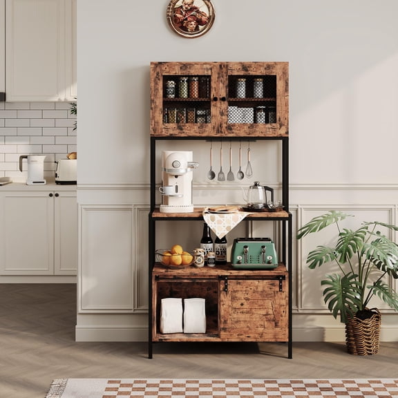63" Industrial Kitchen Bakers Rack with Storage & Power Outlet – Microwave Stand, Cabinet & Open Shelves, Farmhouse Coffee Bar Organizer for Dining Room, Living Room – Vintage Brown