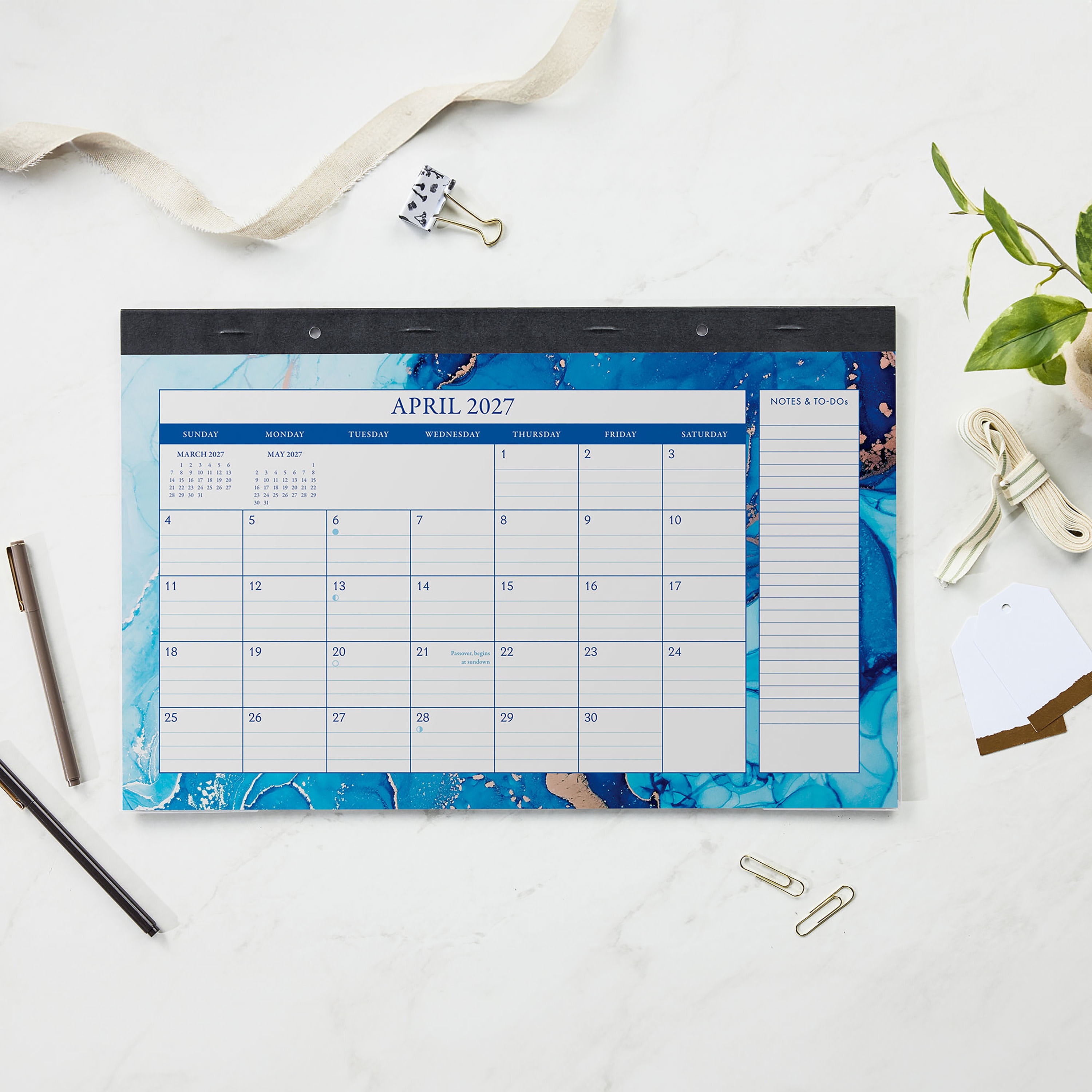 2027 Pen+Gear Marble Desk Pad Calendar 17x11 Blue & Gold Frame, January - December