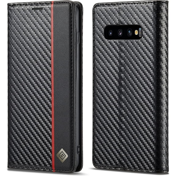 Samsung Galaxy S10 Case, Carbon Fiber Premium PU Leather Ultra Thin Shookproof Anti-Fall Folding Screen Phone case Compatible with Galaxy S10, Vertical Red Line
