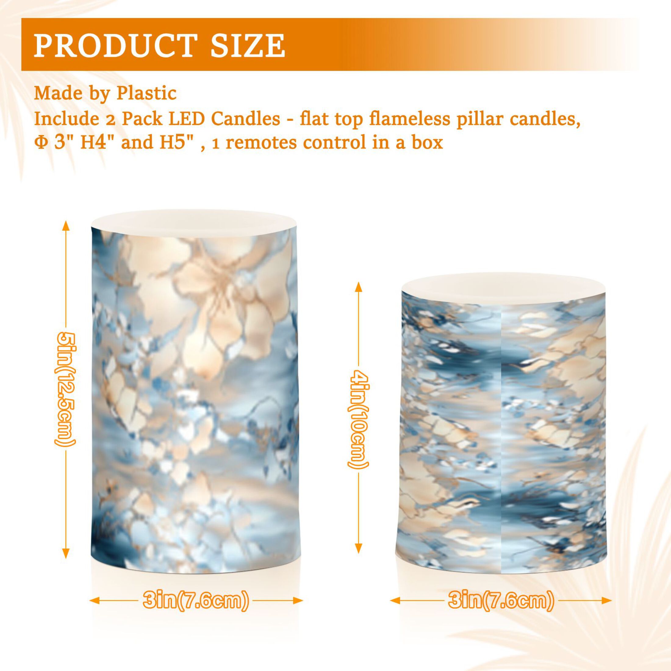 Blue and Beige Flower Flickering Flameless Candles Battery Operated with Remote Timer LED Pillar Candles Set of 2