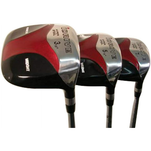 XL Big & Tall Men's ( 2" Longer Than Standard Length) iDrive Red Square Anti-Slice Draw Fairway 3 5 7 Wood Set Golf Clubs, Right Handed Ultra Forgiving Stiff Flex Graphite Shaft