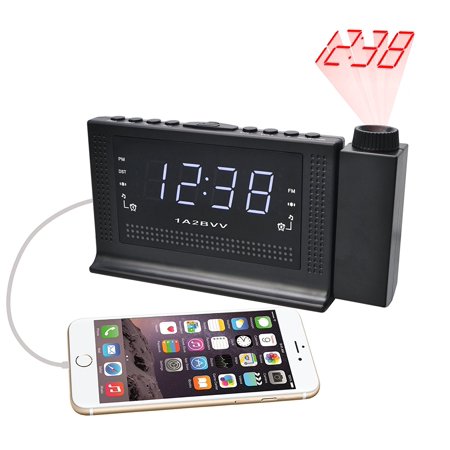 Digital Dimmable projection alarm clock radio with 0.9 white LED display_ USB charging_ FM Radio_ includes Dual Alarm_ 3 Dimm