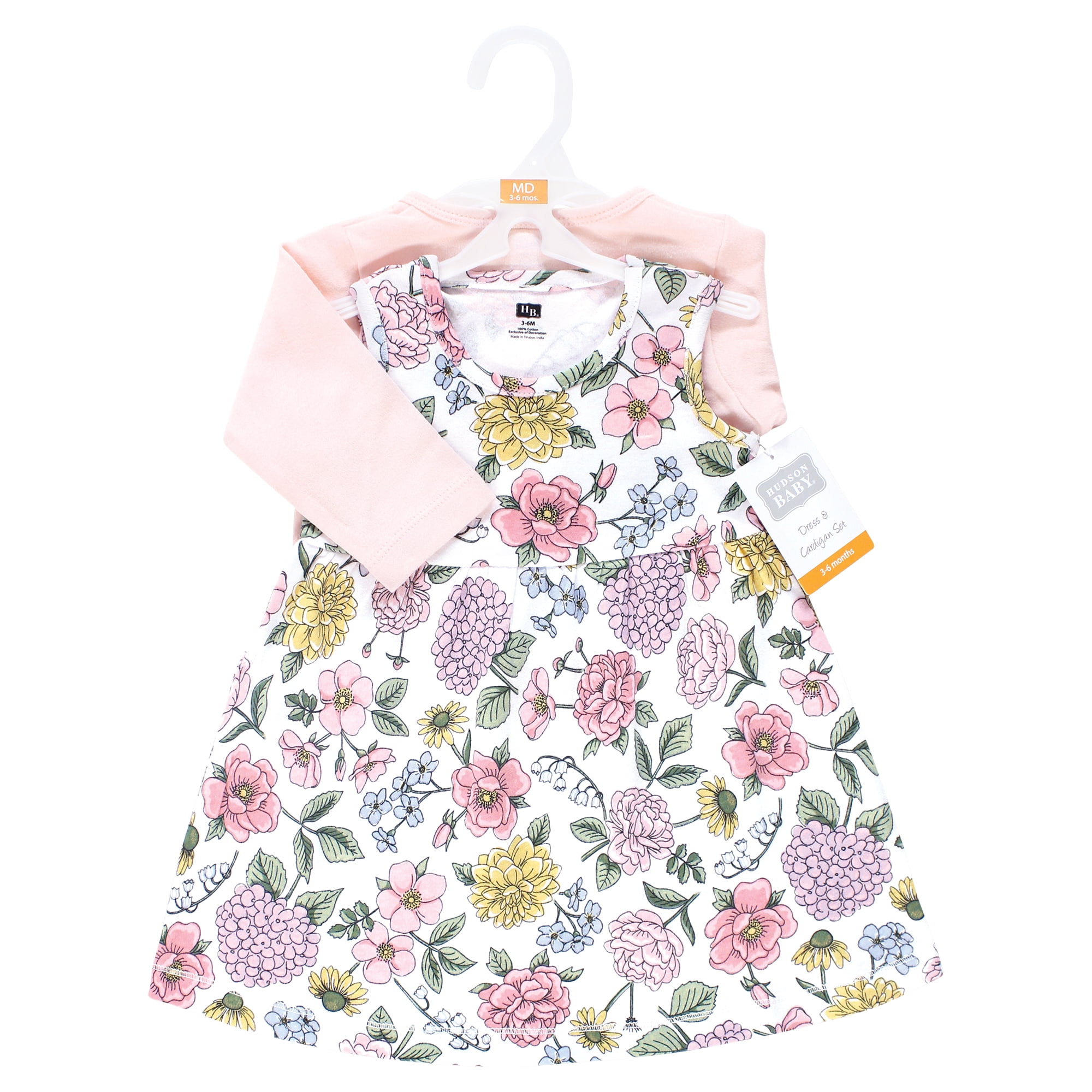 Hudson Baby Infant and Toddler Girls Cotton Dress and Cardigan Set, Vintage Blossom, 12-18 Months