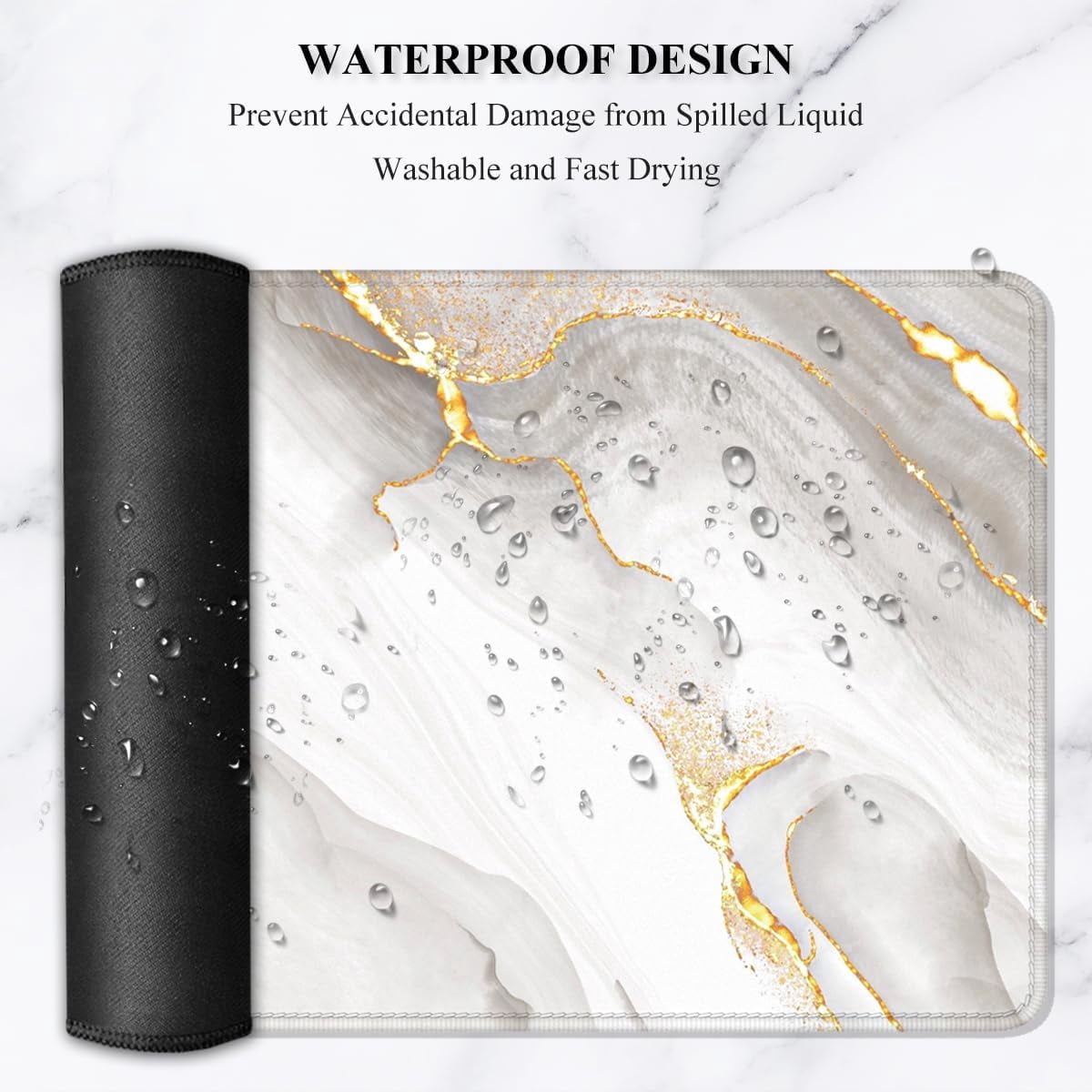 Large Mouse Pad, XXL Gaming Mousepad, Desk Mat for Desktop, Thick Rubber, Big & Long Size, Stitched Edges, Full Desk Pad for Laptop & Computer, Extended 31.5 x 11.8 in, Gold Gray Marble