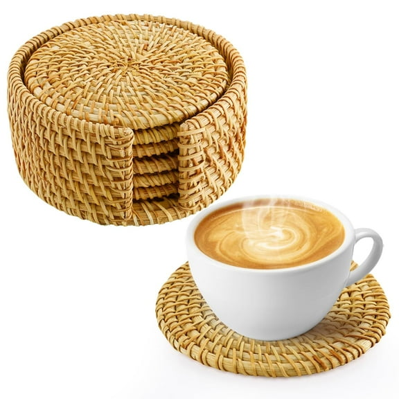 6pcs Handmade Rattan Coasters with Holder, Natural Wicker Boho Coasters Set, Heat-resistant Drink Coasters for Coffee Table Housewarming Gifts Hot