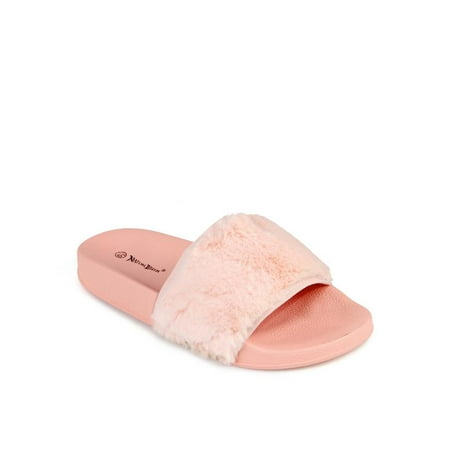 - Nature Breeze Faux Fur Women's Slip On Sandals in Pink