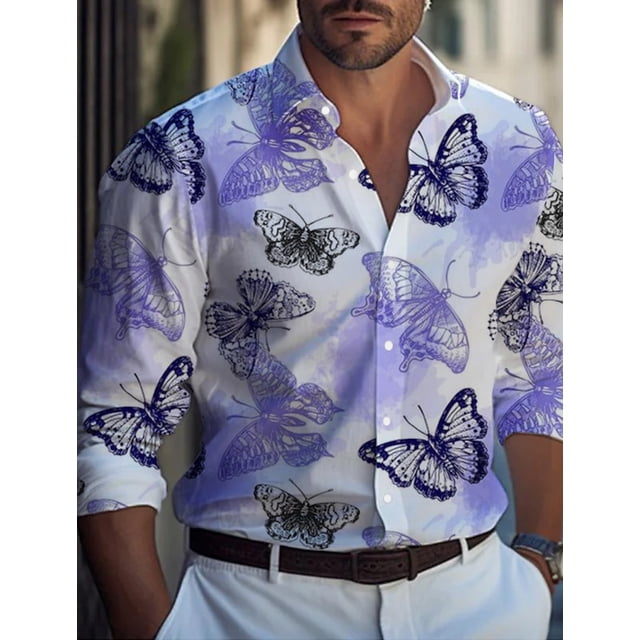 Camisa casual de mariposa para hombre para salidas diarias, fines de semana, otoño e invierno, solapas, mangas largas, blanco, azul, morado