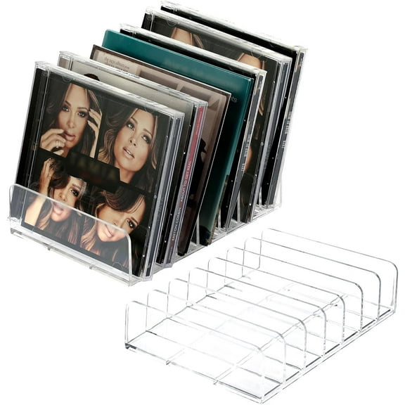LZLINGMEI Clear CD Holder,7 Slot CD Storage Box DVD Display Rack Tray Holds up to 14 Standard CD Cases, Tabletop Plastic File Divider for paper Mail Bill Eyeshadow Palette Organizer
