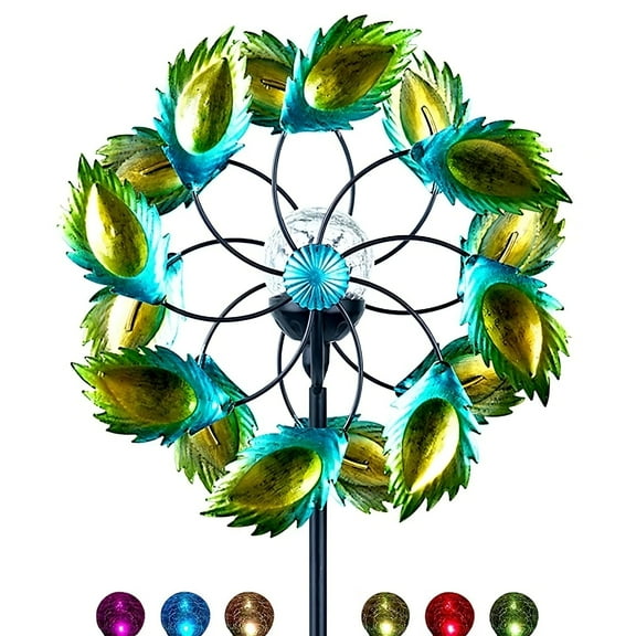 VIEROLA Wind Spinner, 59 inch Metal Wind Spinners with Solar LED Light, Peacock Feather Windmill