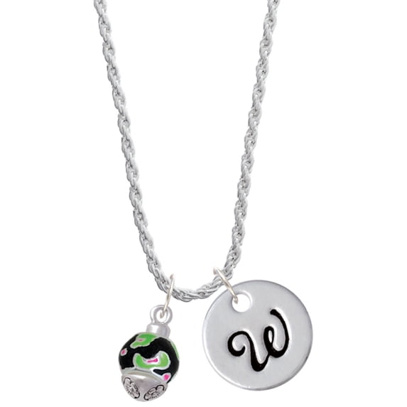 Delight Jewelry Silvertone Wide Lime Green Cheetah Print Band Spinner Silvertone Script Initial Disc - W - Charm Necklace, 20"+3"