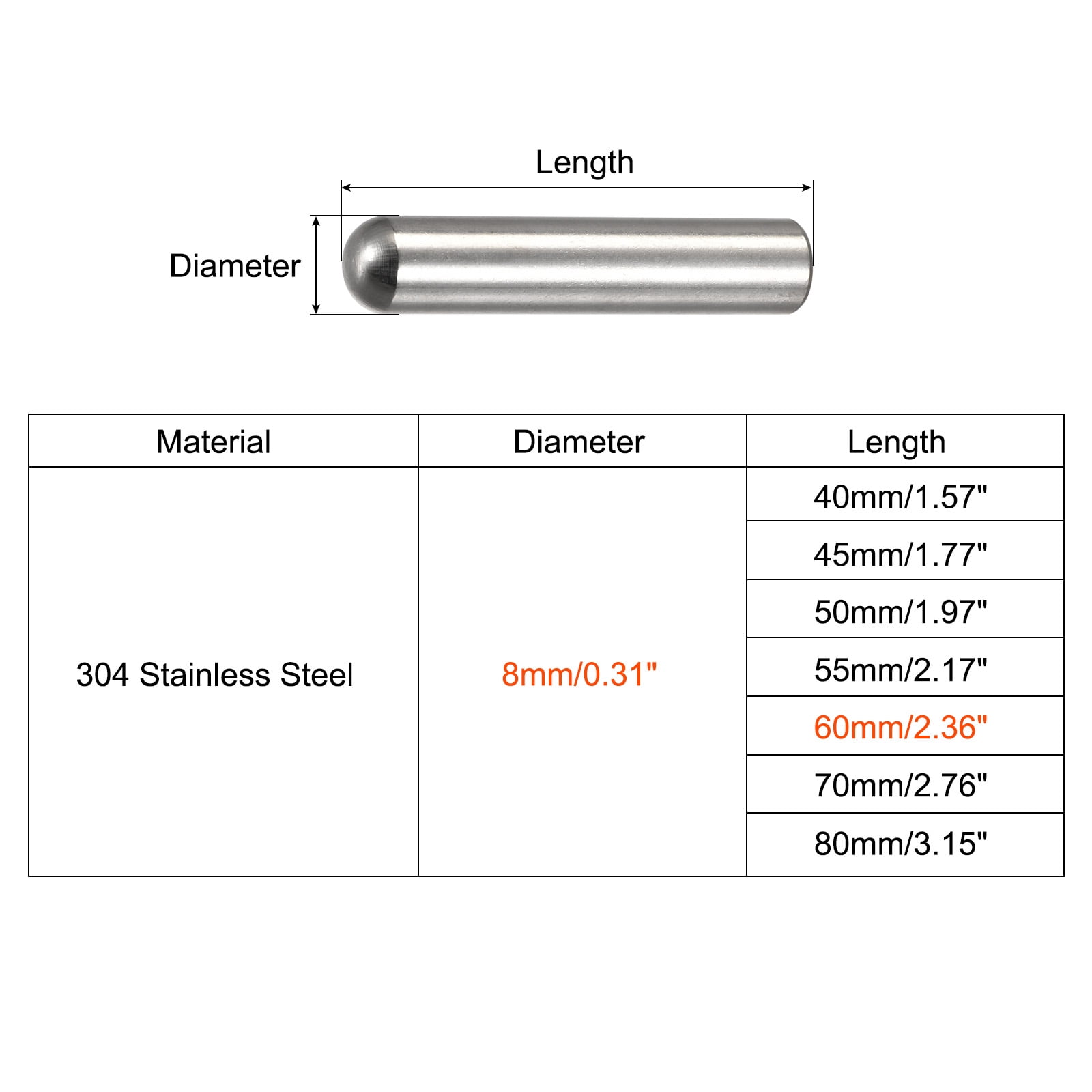 8x60mm Dowel Pins, 20pcs 304 Stainless Steel Round Head Flat Chamfered End Dowel Pin Bunk Bed Pins Shelf Pegs Support Shelves Fasten Elements