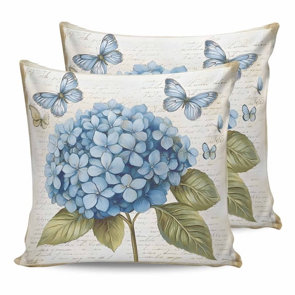 Pillow Covers 16x16 Set of 2, Blue Hydrangea Throw Pillow Covers Decorative Couch Cushion Cover, Spring Vintage Botanical Butterfly Microfiber Soft Square Pillowcases for Bedroom Living Room Sofa