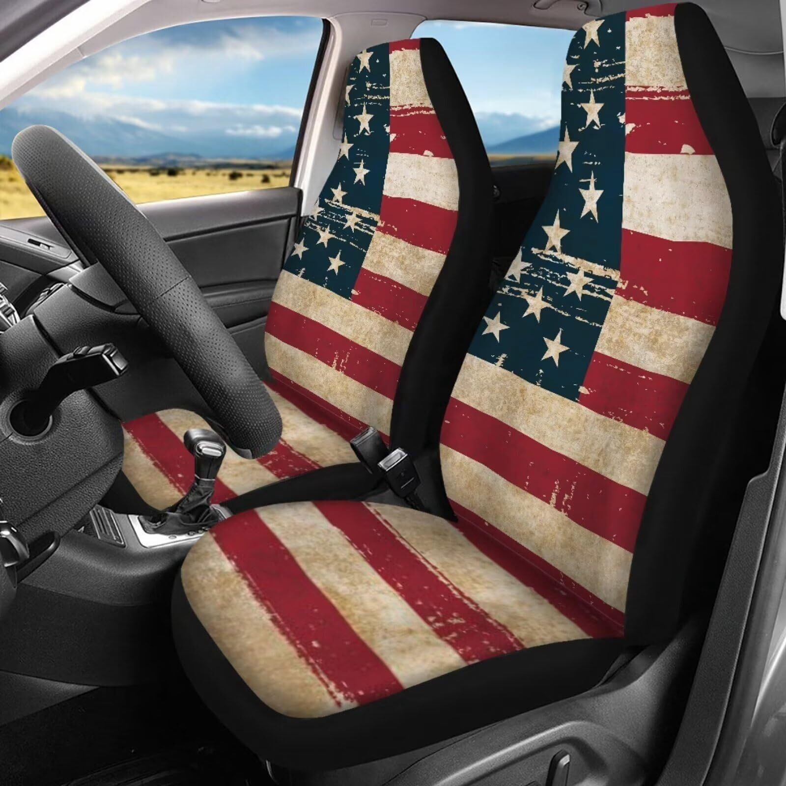 Brythos 4 Piece Vintage American Flag Car Seat Covers Front and Rear Seat Cushion Protectors