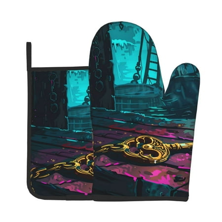 

Jgfou Lost Golden Key Pattern Oven Mitts and Pot Holders Sets Heat Resistant Oven Mittens Soft Lining Extra Thicken Long Kitchen Cotton Oven Glove for Cooking