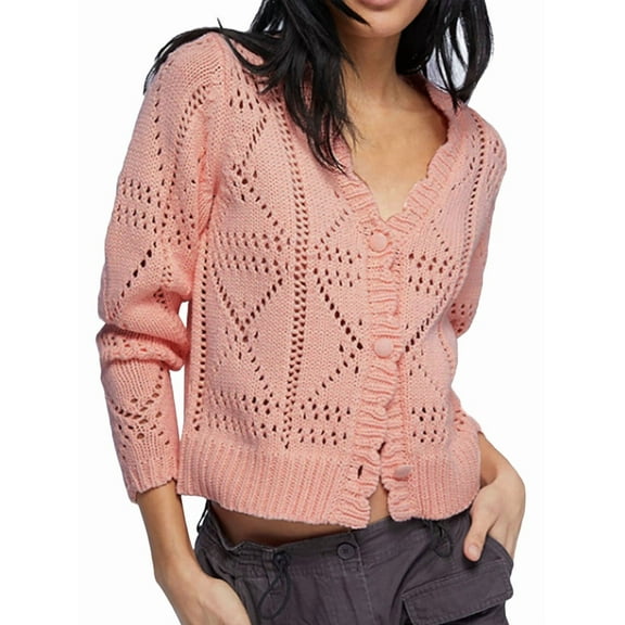 Women'S 2025 Spring Autumn Winter Short Cardigan Sweater Top Long Sleeve V-Neck Cardigan Jacket Casual Knitwear Pink S