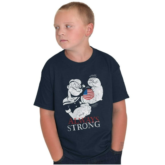 Popeye Patriotic American Flag Strong Crewneck T Shirts Boy Girl Teen Brisco Brands XS