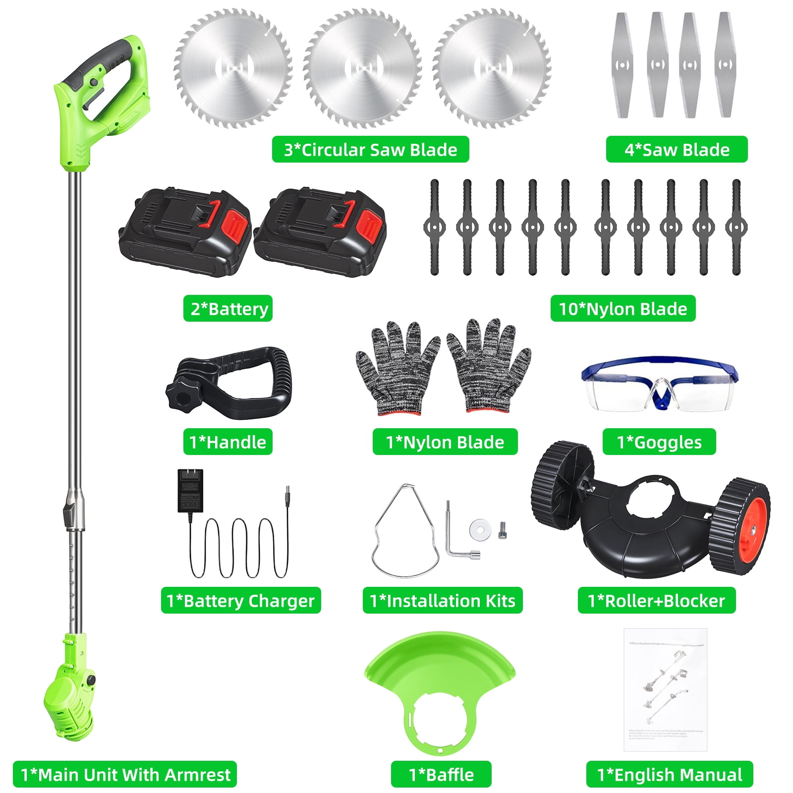 Paddsun Electric Cordless Lawn Trimmer, 21V Weed Wacker with Wheels Grass Edger Tool for Lawn Yard Garden