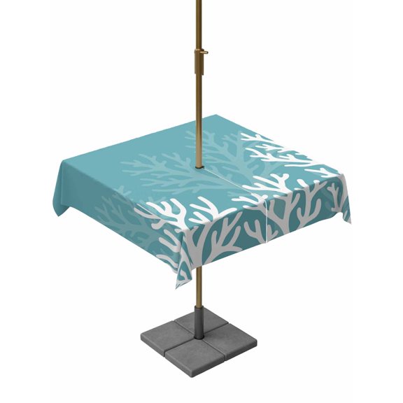 Outdoor Tablecloth with Umbrella Hole, Undersea Marine Coral Teal White Zippered Table Cloth for Rectangle Tables, Ocean Life Silhouette Washable Waterproof Tablecloths for Picnic Patio Garden