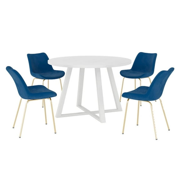 Roundhill Furniture Avant 5-Piece Round Dining Set, Trestle Dining Table with 4 Side Chairs, Blue