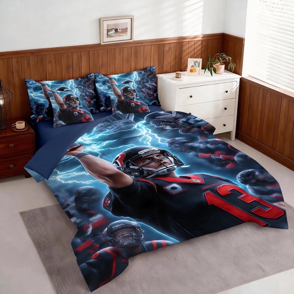 Omeoer Football Comforter Set Full Size 7 Piece Sports Bedding Set 3D American Football Bed in A Bag for Teen Boys Lightning Player Design