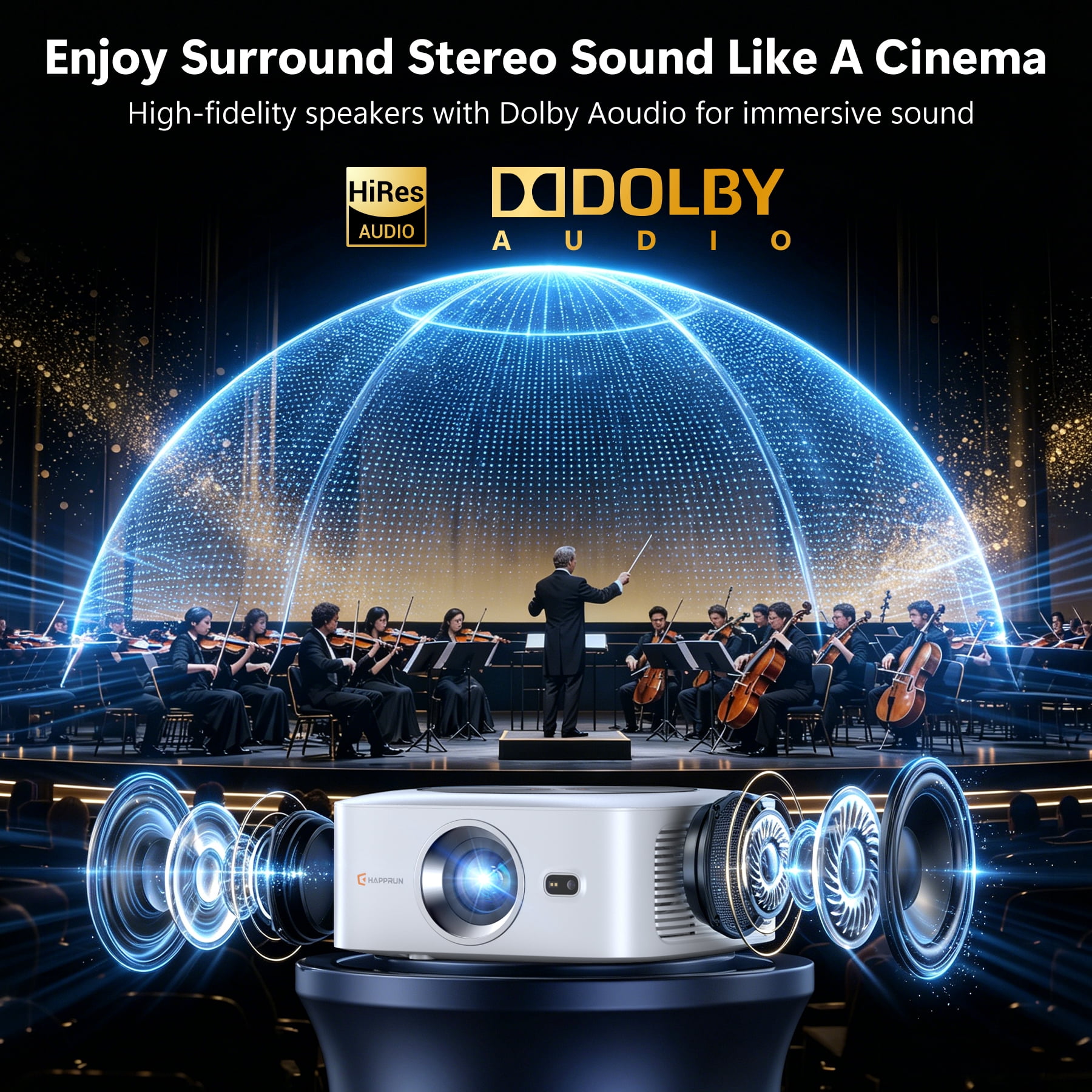 HAPPRUN 1500 ANSI Lumens Smart Projector with Built-in Streaming Apps, 4K Decoding Movie Projector with WiFi & Bluetooth, Dolby Audio, Auto Focus & Keystone, Outdoor Projector for Home Theater
