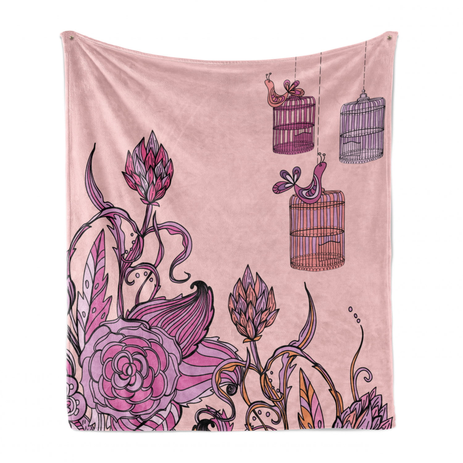 Ambesonne Orange and Pink Soft Flannel Fleece Throw Blanket Multicolor 60 x 80 Romantic Floral Composition with Bird Cage Spring Themed Ornament Cozy Plush for Indoor and Outdoor Use 