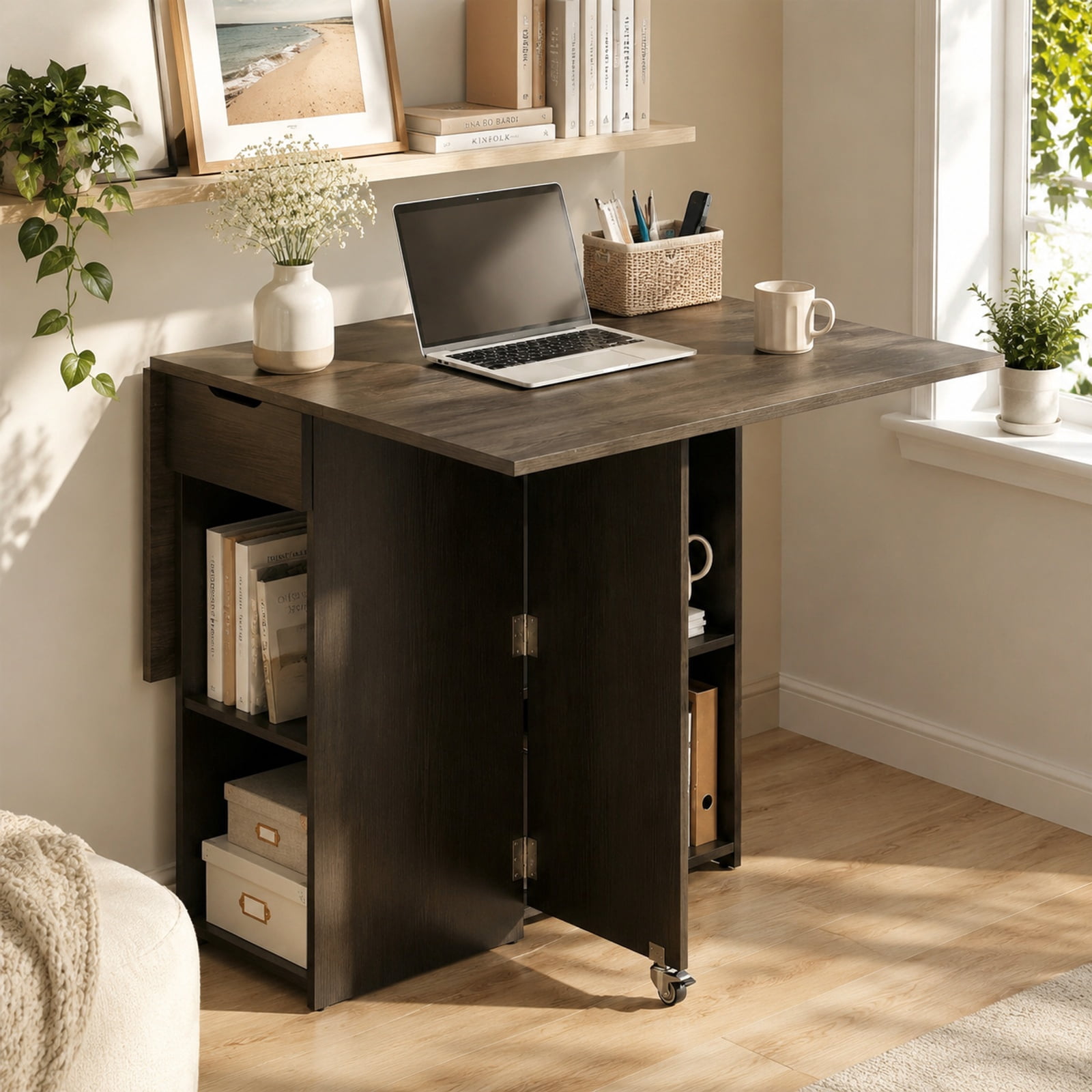 Furnibear 47.5 Inch Farmhouse Extendable Drop Leaf Dining Table with Storage Drawer Shelves and Lockable Wheels for Small Spaces, Rustic Brown