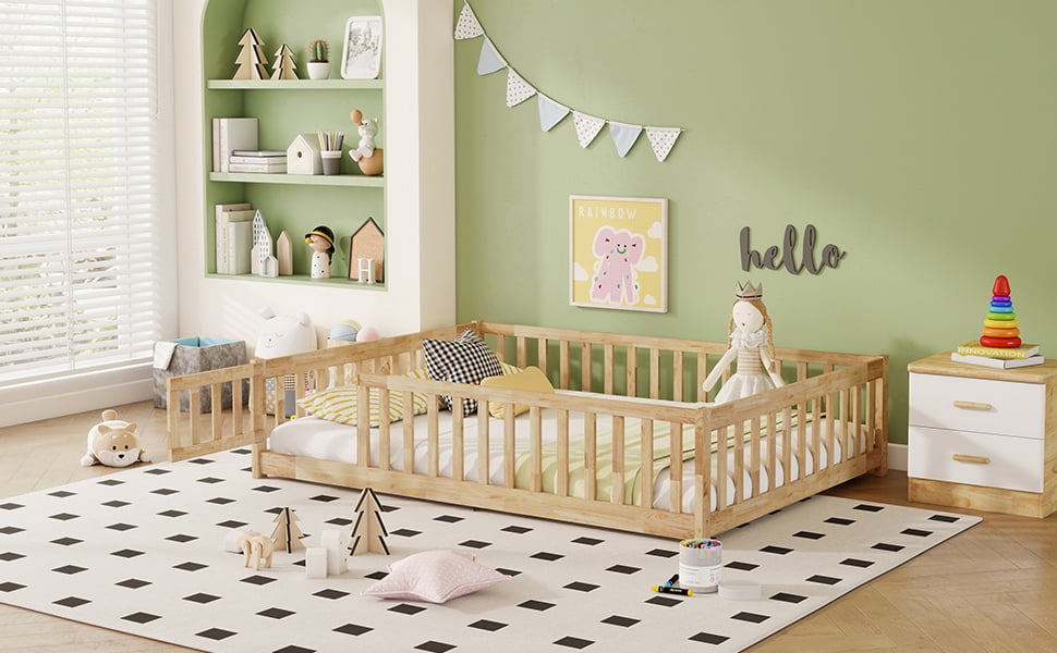 Natural Rubber Wood Full Size Kids Floor Bed with Surround Safety Fence & Access Door, 7 Wood Slats Platform Bed Holds 400LBS Fits ≤6 Inch Mattress No Box Spring Needed