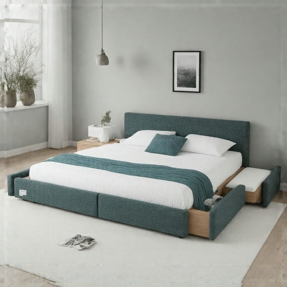 Luxurious California King Upholstered Bed - Blue Green with Storage