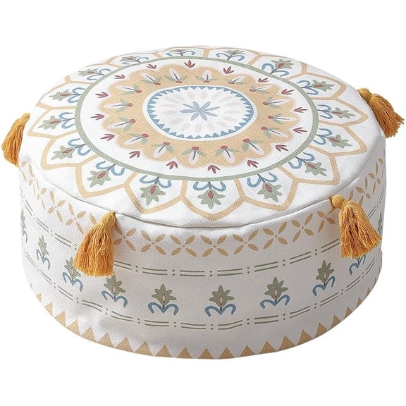 MOCOFO Unstuffed Round Pouf Cover, Boho Geometric Ottoman w/ Tassels, Washable Cotton, 18x18x8"(yellow)