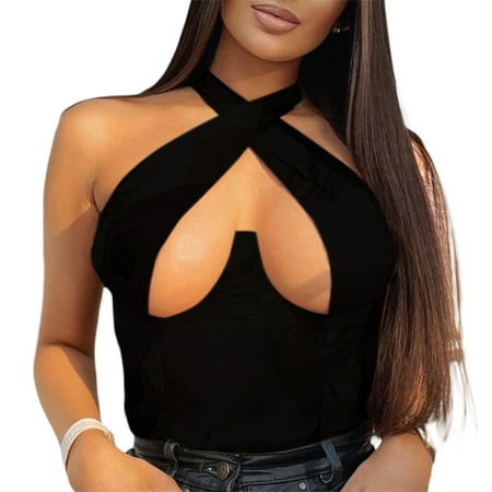 

Multitrust Women s Sexy Y2K Criss Cross Retro Halter Neck Crop Top Slim Fit Sleeveless Navel Dew Floral Leopard Cami Corset