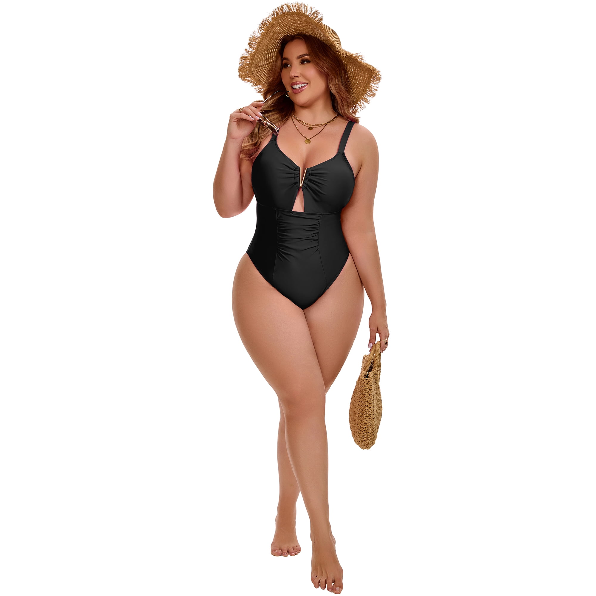 DARING DIVA Women's Plus 1 Piece V-Wire Cutout Push Swimsuit L Black
