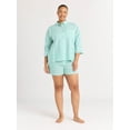 thumbnail image 3 of Joyspun Women’s Woven ¾ Sleeve Notch Collar Top and Boxer Shorts Pajama Set, Sizes XS-3X, 3 of 6