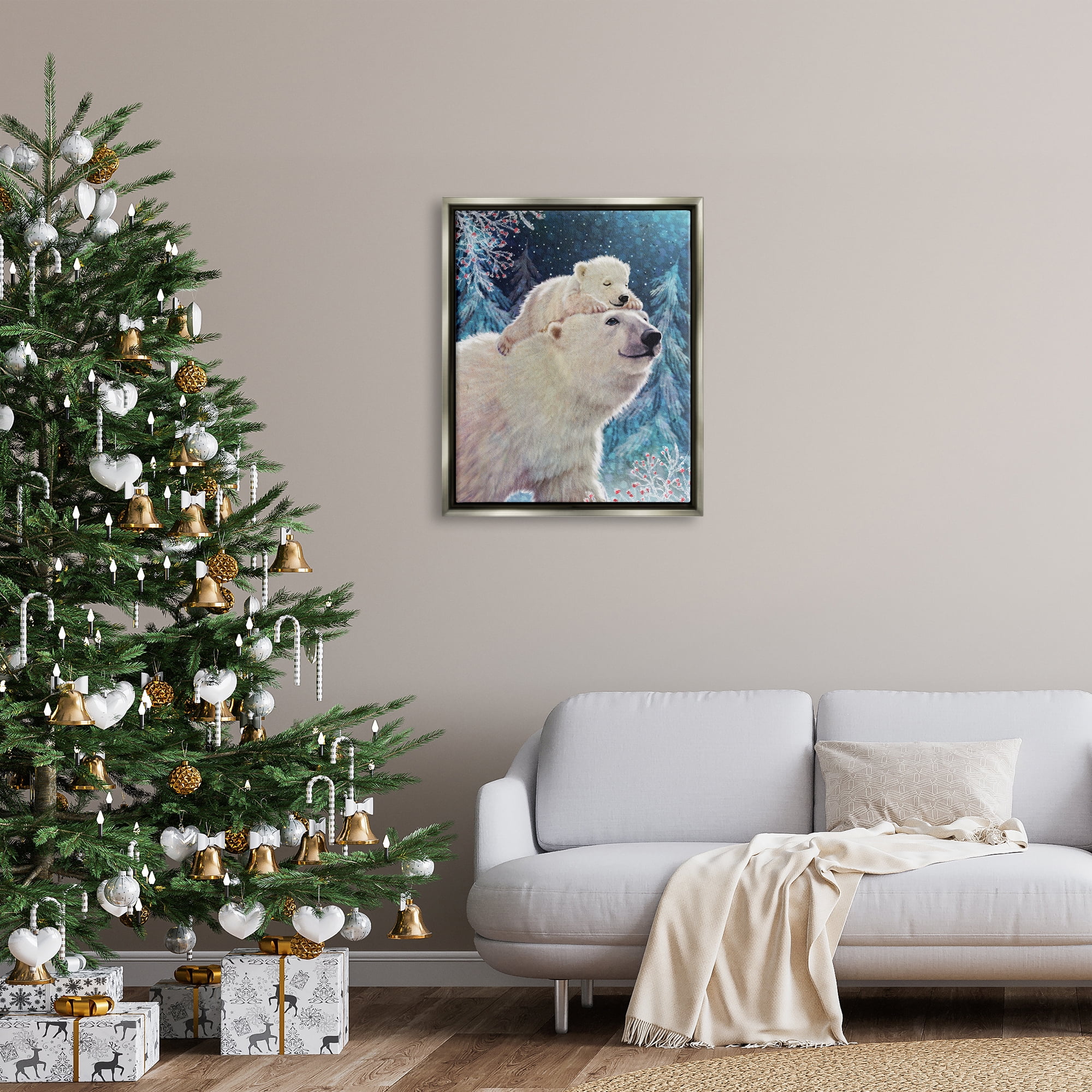 Stupell Industries Polar Bear & Cub Winter Scene Holiday Painting Gray Floater Framed Art Print Wall Art