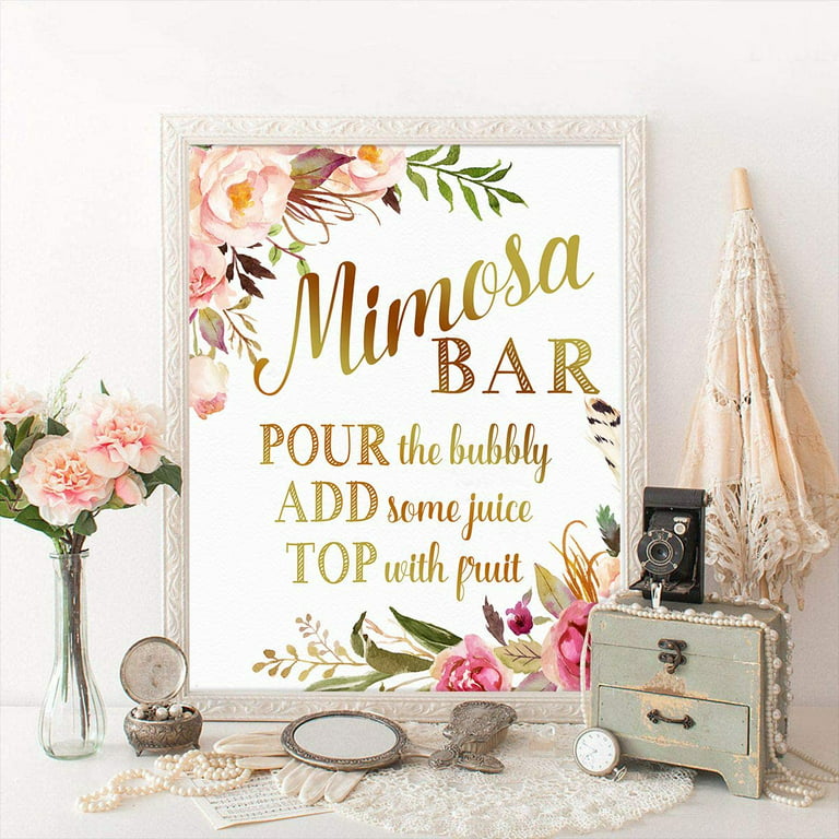 Mimosa Bar Supplies Kit - Watercolor Pink Mimosa Bar Sign - Elegant Gold  Foil Table Place Cards - Bridal Shower, Birthday Party, Bubbly Bar