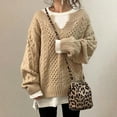 thumbnail image 4 of Sweaters for Women Knitted Knit Notch V Neck Cable Solid Color Puff Bubble Loose Long Sleeve Base Cozy Top, 4 of 9