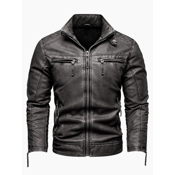 Men's retro thickened jacket multi-pocket coat stand-up collar PU leather jacket plus size jacket motorcycle suit