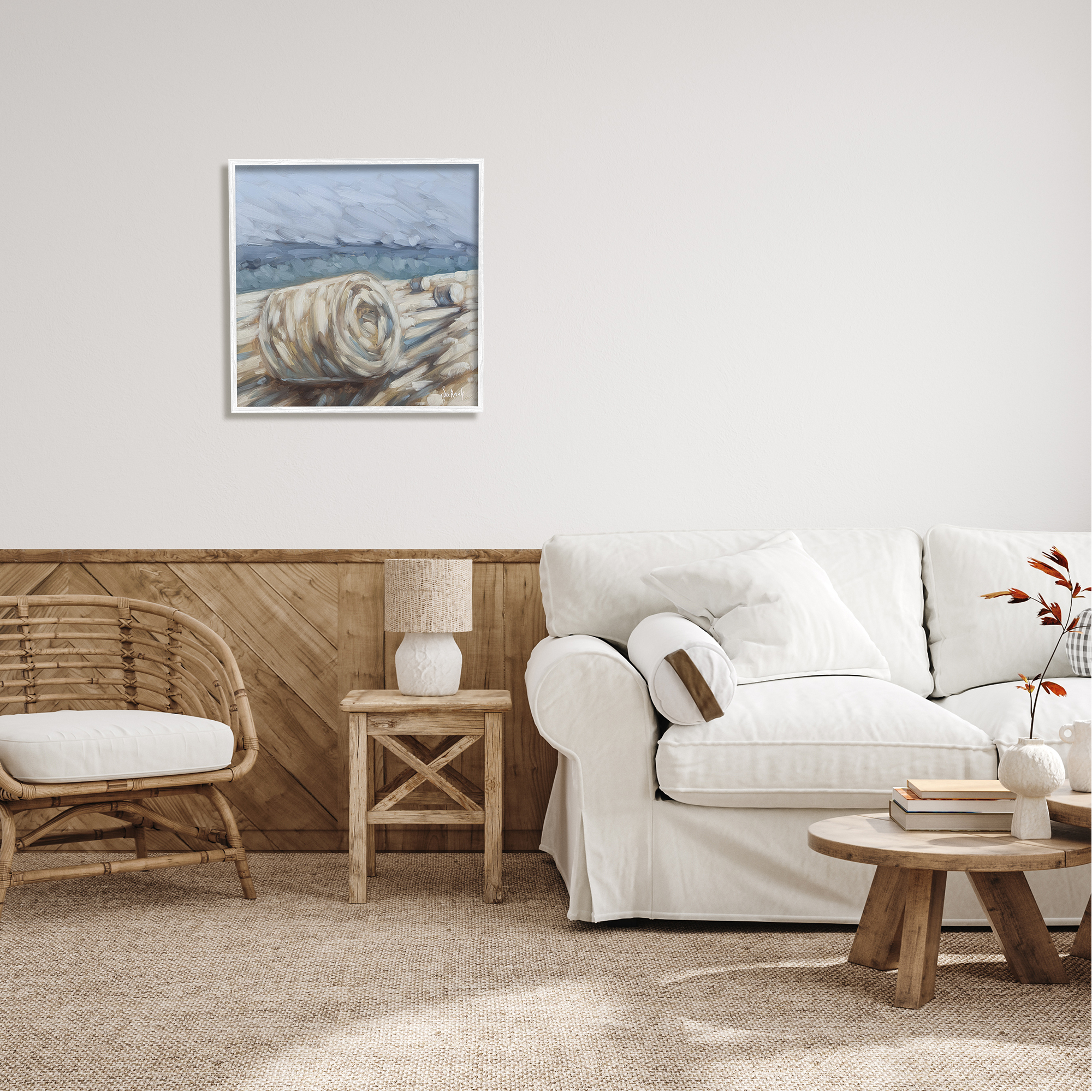 Stupell Hay Bales Rural Farm Field Landscape Painting White Framed Art Print Wall Art