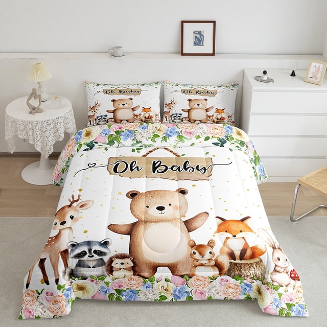 Erosebridal Cartoon Animals Bedding Queen Comforter Set, Botanical Floral Down Comforter, Wildlife Theme Decor, Reversible