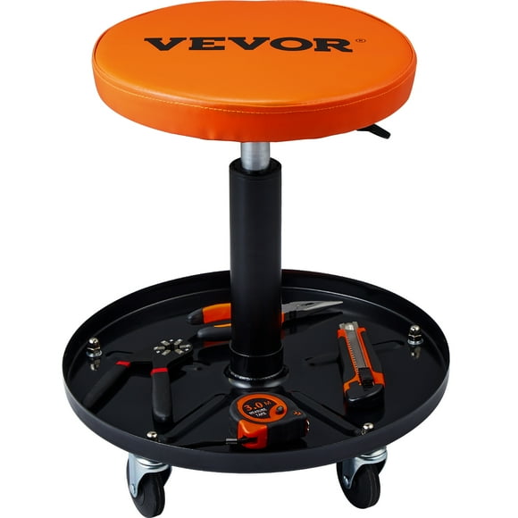 VEVOR Tabouret de Mécanicien, Rampe Pneumatique Roulante de 250 Lb pour Garage/atelier, Hauteur Réglable Tabouret d'Atelier Roulant Rembourré de 22 Po à 28 Po avec Plateau à Outils, pour Garage, Atelier, Réparation Auto, Noir+orange