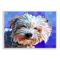 Stupell Industries Colorful Bichon Puppy Over Blue Geometric Pattern Graphic Art Unframed Art Print Wall Art, 13x19, by Kim Curinga