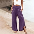 thumbnail image 2 of Nestiefly Linen Pants Women Summer Wide Leg Smocked Waist Ruffle Hem Pants Boho Flowy Beach Vacation Pant with Pockets Purple XL, 2 of 7
