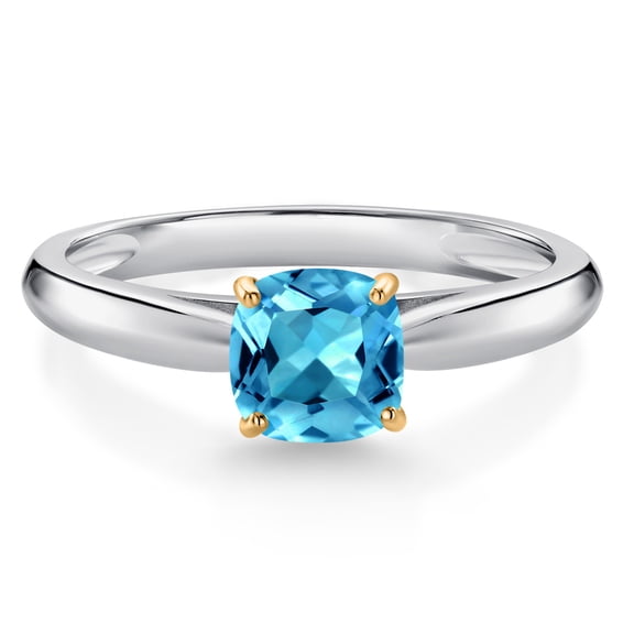 Gem Stone King 0.65 Ct Cushion Swiss Blue Topaz 10K White and Yellow Gold Engagement Ring (Size 5)