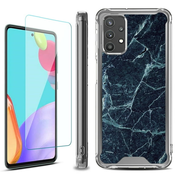 Shockproof Bumper Phone Case for Samsung Galaxy A53 5G, with Tempered Glass Screen Protector, by OneToughShield ® - Marble / Blue