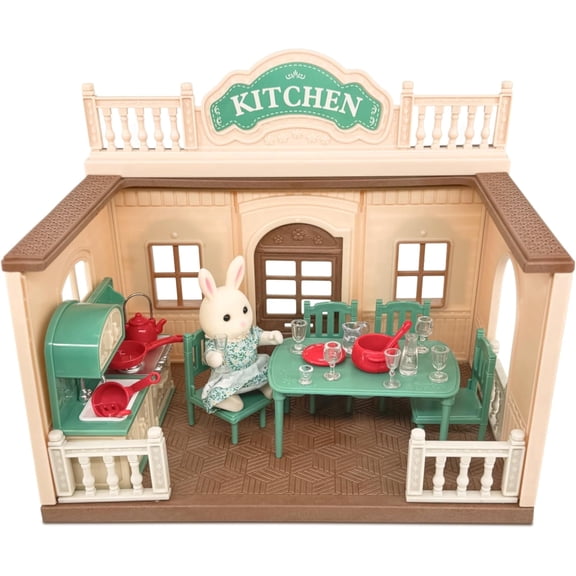 OLEOCA Family Kitchen Doll House — Cozy Cabin with Bunny Figure, Dining Set & Cookware, Complete Modular Dollhouse Playset for Creative Pretend Play Ages 3 