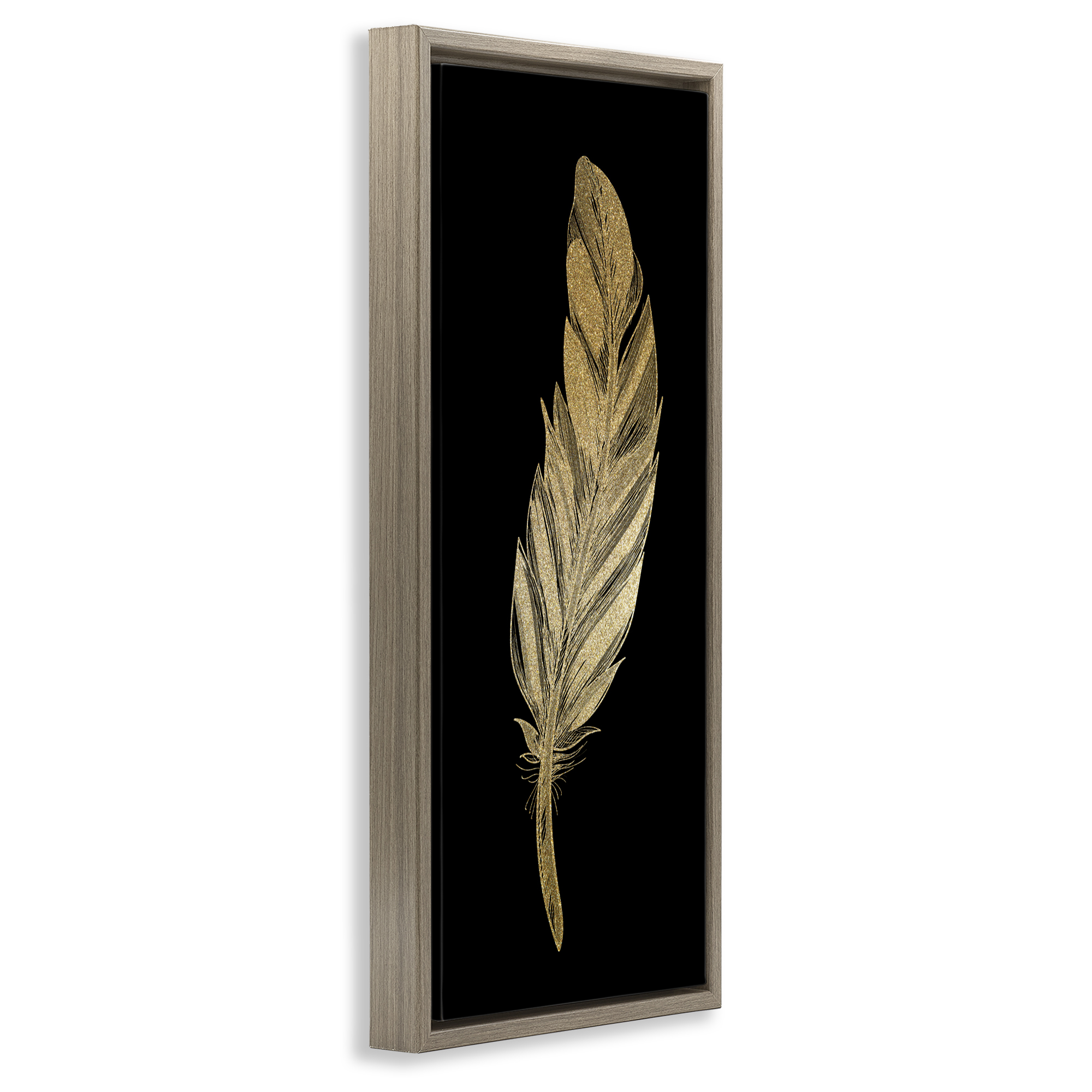 Glam Feather Black & Gold Brown Framed Floater Canvas Wall Art, design by Kim Allen
