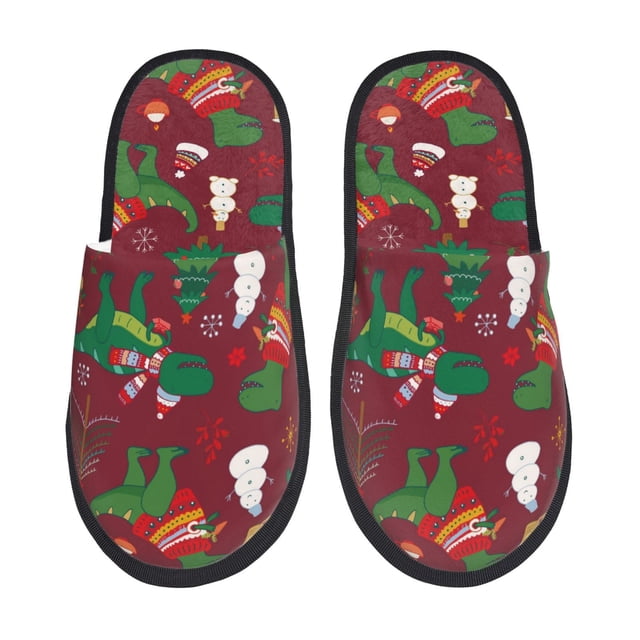 Fotbe Dinosaur Christmas Happy New Year Pantuflas Peludas para Mujer con Estampado, Zapatillas de Peluche, Zapatos de Invierno para Casa, Uso Interior y Exterior-Large